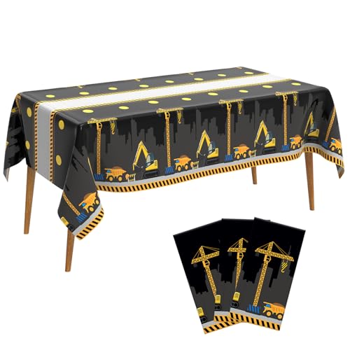 Image of 3 PCS Construction Table Cloth Plastic Disposable Construction Birthday Party Supplies Tablecloth Rectangle Dump Truck Table Covers for Kids Boys Construction Birthday Party Decorations, 54 x 108 Inch