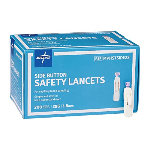 Medline Sterile Safety Lancets with Side-Button Activation, 28G x 1.8 mm - Box of 200, Dependable Blood Sampling Device for Blood Glucose Testing