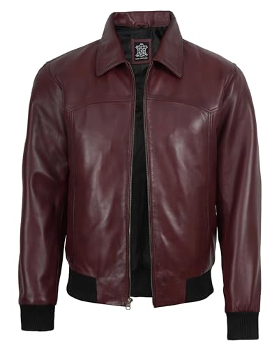 Image of Decrum Men's Bomber Leather Jacket - Vintage Style Real Lambskin Leather Jacket with Rib-Knit Cuffs and Hem