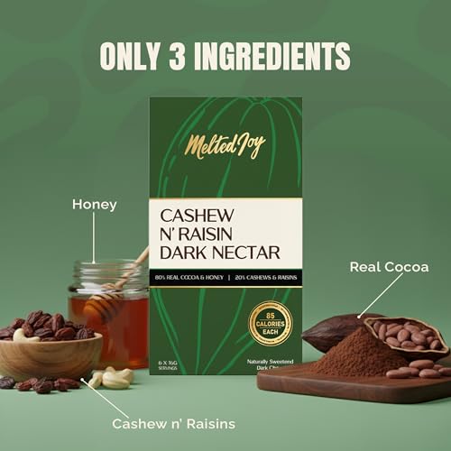 Image of Melted Joy Cashew & Raisin 50% Dark Chocolate Squares |Honey-Sweetened Dark Chocolates| Portion-Controlled 85 Cal | No Refined Sugar | Pack of 6