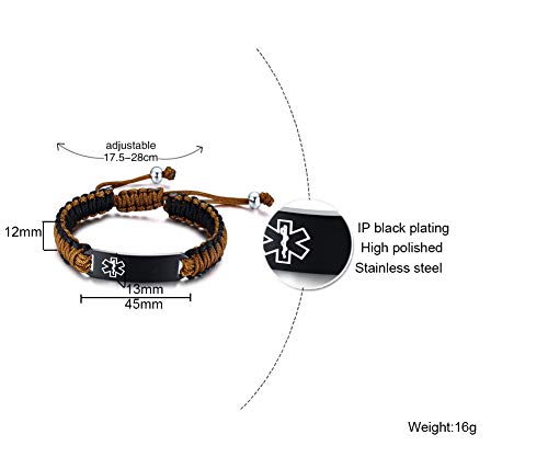 Vnox 3 Color/Set-Customize Medical Alert Id Bracelet Braided Brown Rope Paracord Adjustable Wristband #TOP1
