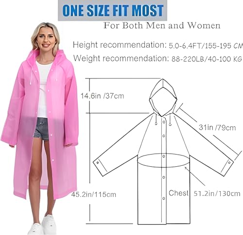 JITIFAZH Wasserdichter Regenponcho, 2 Stück,leichter, wiederverwendbarer Regenmantel mit Kapuze, tragbarer Notfall-Poncho für Erwachsene, Familie, Wandern, Radfahren, Camping(Rosa+Rosa)
