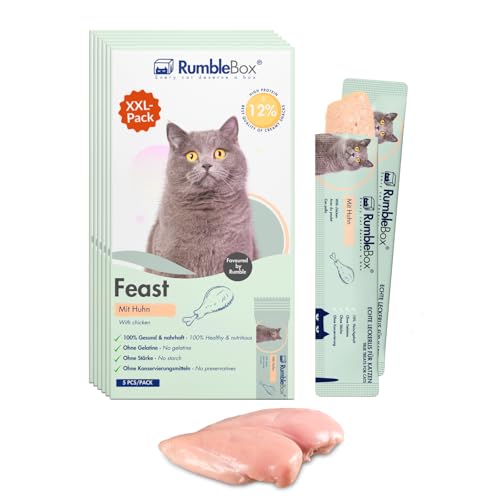 RumbleBox Snacks cremosos para Gatos – Sabor Pollo, sin Cereales ni azúcar – Receta Natural con Solo 5 Ingredientes – Ideal para Gatos sensibles – Pack XXL 6 x 75 g