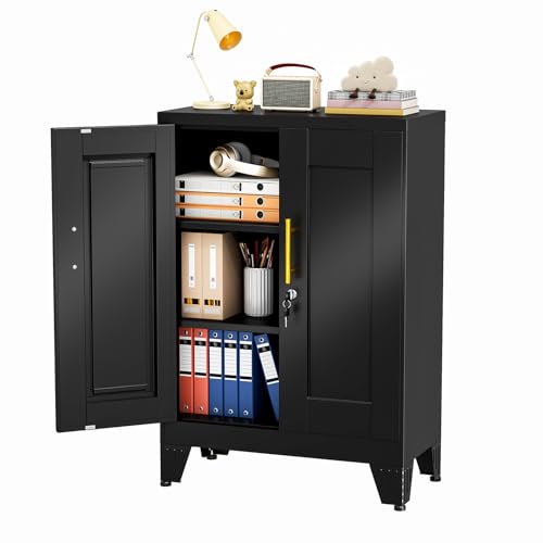 Image of pozdeg 35.43 inch Lockable Metal Storage Cabinet, Steel Office File Cabinet | Garage Tool Cabinet with 2 Adjustable Shelves, Freestanding Multi‑Purpose Cabinet for Home, Office & Garage, Black