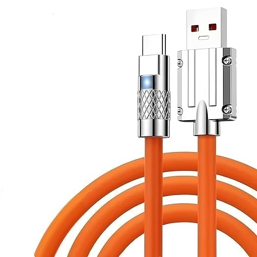 AS Royal 120W 3-in-1 USB Charging Cable With Led Light, Multi-Connector Universal Cable, Orange Colour, Metal And Heavy Duty Silicone Usb Charging Cable-With Type C/Lightn/Micro-Usb