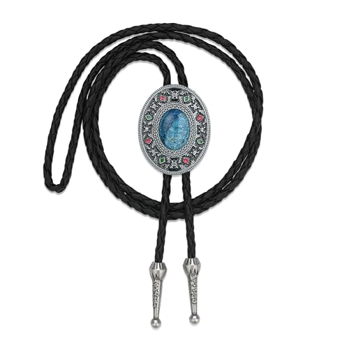 Image of Bolo Tie for Men Women Cowboy Turquoise Celtic Natural Tiger Eye Stone Longhorn Bull Western Leather Bolo Necktie