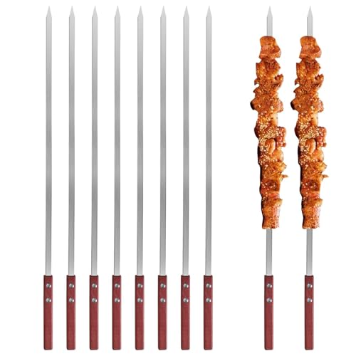 8 Stücke Grillspieße Edelstahl Schaschlikspieße 60cm Flachspieße Holzgriff Wiederverwendbare Flache Spieße für Fleisch Gemüse Garnelen Barbecue Grillen im Freien Garten Camping Picknick