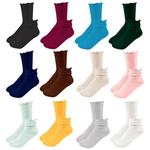 Ultrafun 6/12/24 Pairs Women Ruffle Slouch Socks Lettuce Turn-cuff Casual Ankle Socks Knit Frilly Dress Crew Socks (12Pairs-Multicolor)