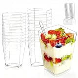 Mepham Dessertbecher Set 100 Stück – 50 wiederverwendbare Dessertbecher mit 50 Löffeln, transparente Kunststoff Dessertschalen für Pudding, Mousse, Eiscreme, Tiramisu, spülmaschinenfest und BPA-frei