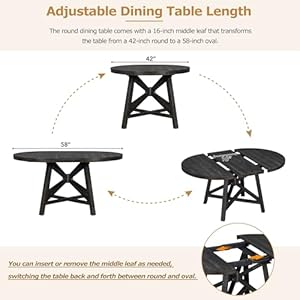 5 Piece Retro Style Dining Set with Extendable Round Table and 4 Upholstered Chairs for Kitchen Living Room Black