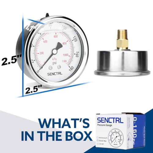 SENCTRL 0-160 Psi Glycerin Liquid Filled Air Pressure Gauge, 2.5" Dial Size, 1/4" NPT Back Mount, Stainless Steel Case, for Water Pump, Tire, Large Air Compressor, Well, RV Regulator Pressure Test