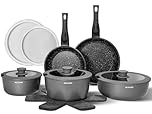 Topfset mit Abnehmbarer Griff, 17-Teilig Topfsets Pfannenset mit Antihaft Beschichtet, Topfset Induktion Kochtopf Set mit Deckel, für Alle Herdarten, Backofenfest, Ofenfest (grau)