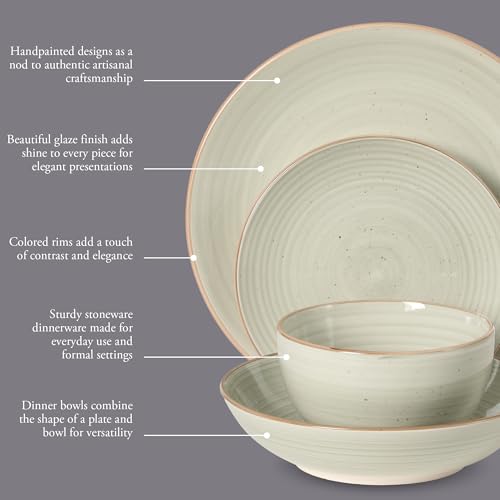 Image of Gibson Home Stonebury 16 Piece Plates and Bowls Cream Grey Dishes - Handpainted Stoneware Dinnerware Set - Service for 4