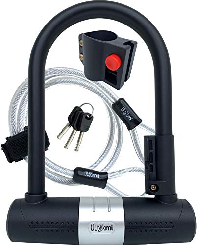 Lucchetto a U per Bici, U Blocco Bicicletta Robusta 16mm Antifurto ad Arco con Staffa di Fissaggio 10mm x 1.200mm di Cavo in Acciaio Flessibile Intrecciato, Sicurezza per Biciclette, Moto e Scooter