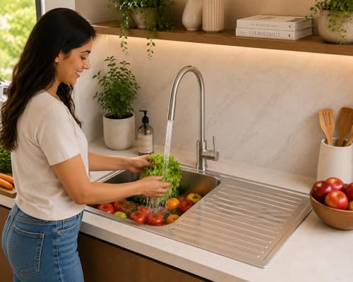 Image of PLANETXERO 45x20 Inch Stainless Steel Kitchen Sink with Drain Board PVC Coupling | Glossy Finish, Single Bowl | Anti-Rust