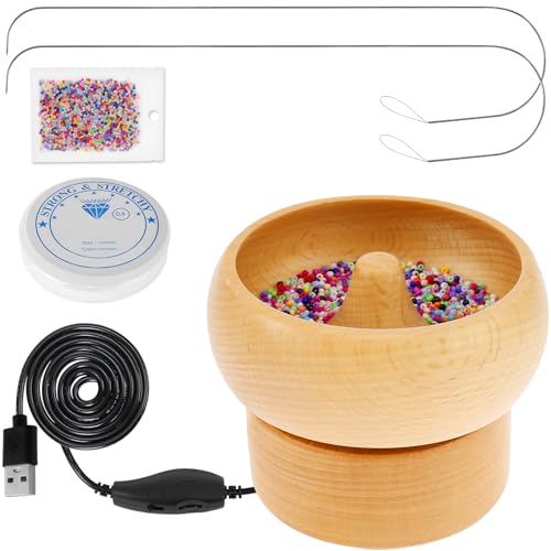 Electric Wooden Bead Spinner USB Powered Spin Beading Bowl Kit Adjustable Speed and Direction Spin Bead Loader with 2 Beading Needles 2000 Beads for Bracelets Jewelry Making