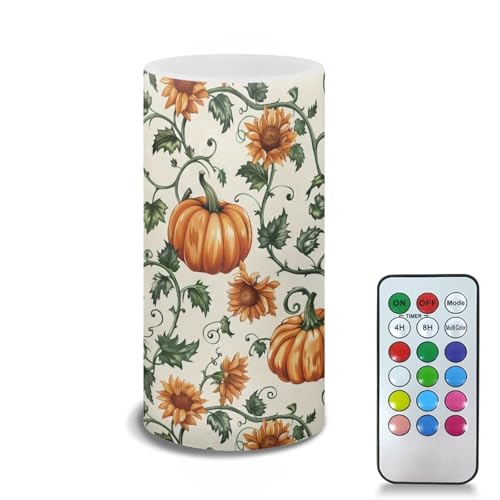 Image of Poceacles Pumpkin Sunflower Cream White Flickering Flameless LED Battery Candles Pillar Candles Tealight with 18-Key Timer Remote with Colorful Light for Indoor Outdoor Home Fall Autumn Decor