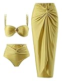 YUNIDMEIM 3 Piece Swimsuits for Women Retro Bikini Set Beach Wrap Skirt High Waisted Bikini Sets for Women Tummy Control, Medium, Gingeryellow