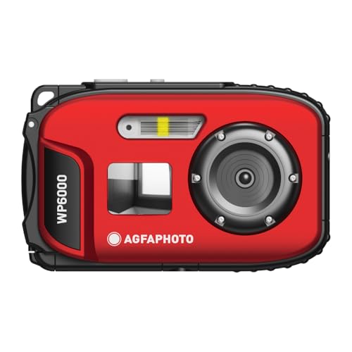 AGFA Photo Realishot WP6000 – Cámara Digital Impermeable, 3 m/10 ft, 18 MP, vídeo HD, Pantalla LCD 2,4', Zoom Digital 16x, autofoco, Espejo Selfie, batería de Litio – Rojo