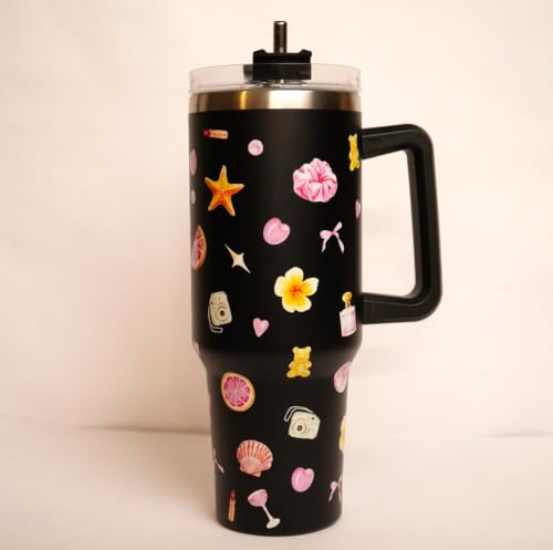 Image of 1200ML Stainless Steel Tumbler Hot and Cold with Handle and Lid and 2 Straws, Double Insulated Cup Leak Proof Mug Cupholder for Gym, Travelling (Doodles Black)
