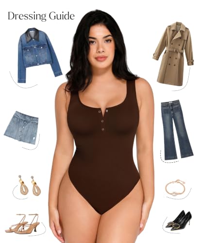 Image of Popilush Bodysuits for Women Tummy Control Body Suits Thong Summer Outfits | Summer Outfit Thong Body Suits for Womens Shapewear Tummy Control Henley Tank Top Bodysuit for Going Out Date Night