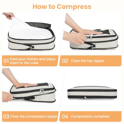 Image of BAGAIL Compression Packing Cubes for Travel Essentials, 8 Set-Beige | Tear‑Resistant Fabric, Space‑Saving, Visible Mesh Panel, Vibrant Color Choices, Travel, Camping & Cruise, Home Storage