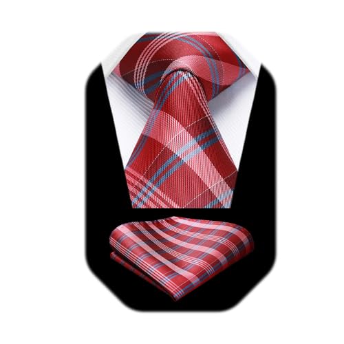 Image of HISDERN Ties for Men Formal Business Plaid Checked Mens Ties and Pocket Square Set Classic Wedding Necktie Handkerchief