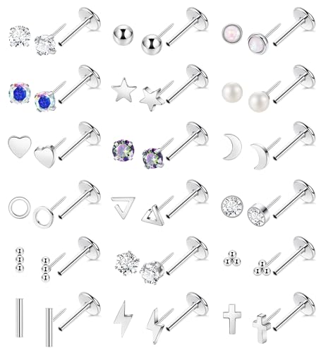 18Pairs 18G Surgical Steel Threadless Stud Earring for Women Men Push in Helix Cartilage Earrings Studs CZ Hypoallergenic Heart Moon Star Flat Back Earring 6/8mm