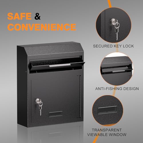 Image of Large Wall Mount Mail Drop Box, Heavy Duty Steel Mailbox with Key Lock