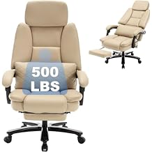 500lbs Plus Size Office Chair with Lumbar Support, PU Leather Big and Tall Heavy Duty Reclining Office Desk Chair with Foot Rest,Beige