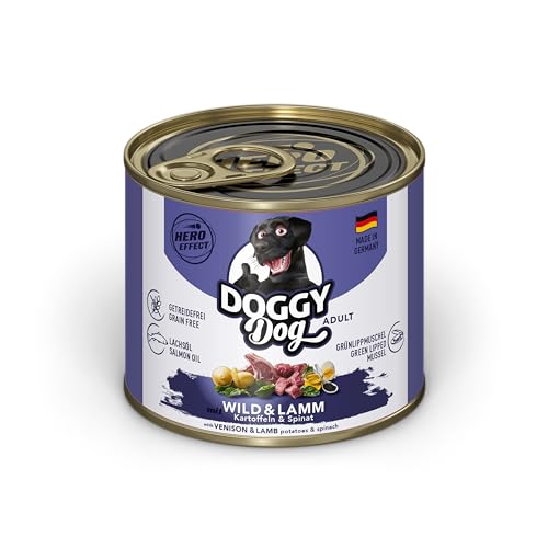 DOGGY Dog Paté Wild & Lamm, 6 x 200 g, Nassfutter für Hunde, getreidefreies Hundefutter mit Lachsöl und Grünlippmuschel, Alleinfuttermittel mit Spinat und Kartoffeln, Made in Germany