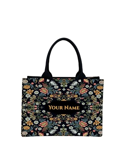 Image of Royal Charm Voguish Customized Tote Bag | HD Printed Floral Black Tote | Personalized Name Tote | Large 16x11x5 Inch Shoulder Bag | Gift for Women