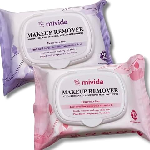 mivida Hypoallergenic Makeup Remover Wipes Bundle | Biodegradable Facial Cleansing & Towelettes Make up Remover Face Wipes | Alcohol-Free Makeup Wipes 2 x 25c Hyaluronic & Vitamin E Cover