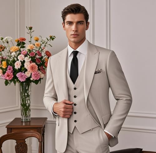 Mens 3 Piece Suits Slim Fit Wedding Business Party Prom Solid One Button Peak Lapel Blazer Vest & Pants Suit Set2