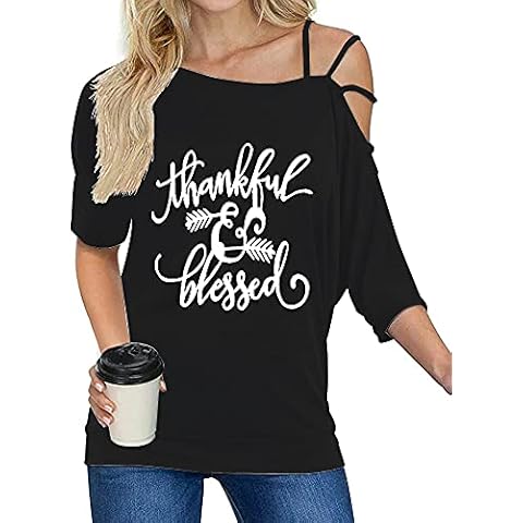 Women's Sexy Cute Halloween Jack O Lantern Thanksgiving Christmas Santa Pattern 3 4 Sleeve Off The Shoulder Holiday Top, Thanksful 2, Large Cover