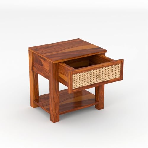 Image of Solid Sheesham Wood Bedside Table with Cane Rattan Drawer & Open Storage Shelf | Wooden Nightstand for Bedroom, Living Room & Guest Room (Honey Finish)