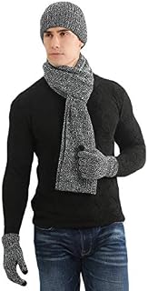 LAUSONS Hat Scarf Gloves Set for Mens 3 in 1 Winter Warm Fleece Lining Knitted Beanie Cap Slouchy Long Scarf and Touch Screen Gloves Unisex Sets For Daily Use Outdoor Sports