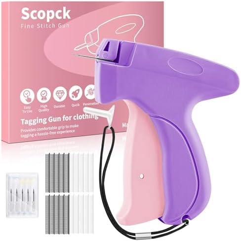 Scopck Micro Stitchy Gun for Clothes - Handheld Mini Sewing Tagging Gun - Includes 6 Needles, 1000 Black & 1000 White Fasteners (Purple)