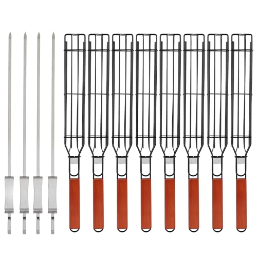IRSTBL – Kebab Grill Basket Set – 8 Non-Stick BBQ Baskets with Wooden Handles & 4 Steel Skewers – Reusable Grilling Tools for Meat, Veg, Fish – 43cm