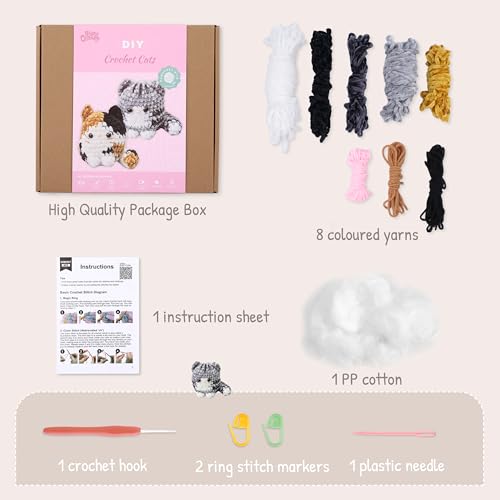 Image of HOUSE CREATIVITY Chenille Crochet Kit for Beginners, Make 2 Ultra-Soft Cat Plushies, Amigurumi Crochet Starter Kit with Video Tutorial, Plush DIY Craft Kit with Chenille Yarn, Hook, Eyes & Stuffing