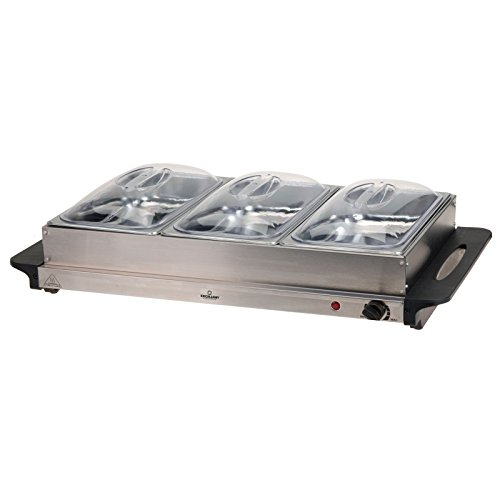 Excellent Electrics - Buffetwärmer Edelstahl Warmhalteplatte mit DREI 2 Liter Schalen und DREI Deckel Cover
