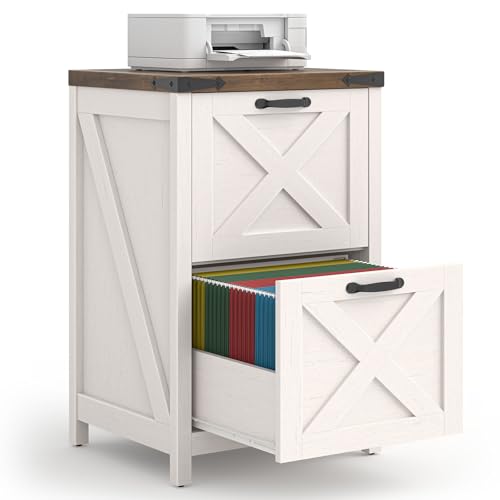 Halitaa 2 Drawer Small File Cabinet, Farmhouse Vertical Filing Cabinet Fits Letter and A4 Size, Under Desk Wooden File Cabinets for Home Office, Printer Stand, Rustic White
