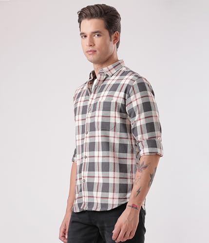 Image of TURMS Men's Casual Checks Shirts, Odor Control, Moisture Wicking, Button Down Collar, Cool Tech Cotton Fabric, Tailored Fit, Full Sleeve