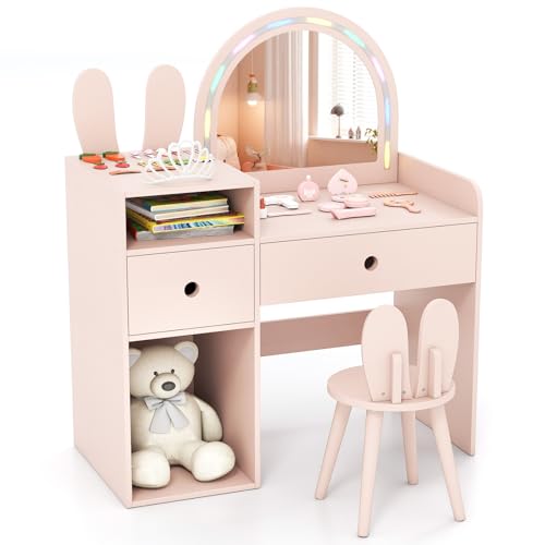 Image of HONEY JOY Kids Vanity with Lights, Rabbit Themed Princess Makeup Dressing Desk, Storage Cabinet, Wooden Pretend Play Toddler Vanity Table & Chair Set with Lighted Mirror for Little Girls (Pink)