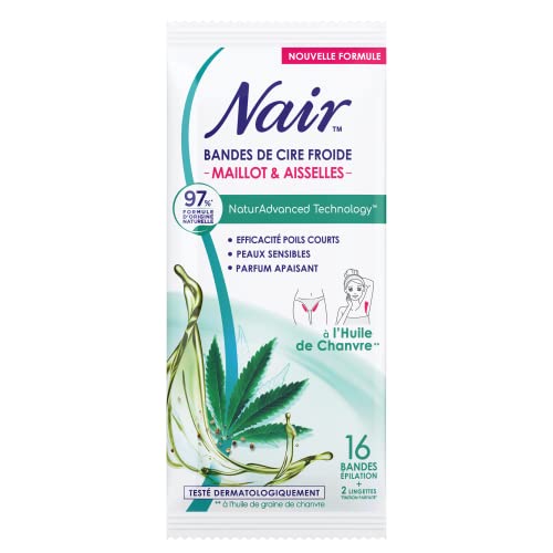 NAIR - Strisce di Cera Fredda Maglia & Ascelle, Estratto di Olio di Canapa, 97% di Origine Naturale, NaturAdvanced Technology, 16 Strisce