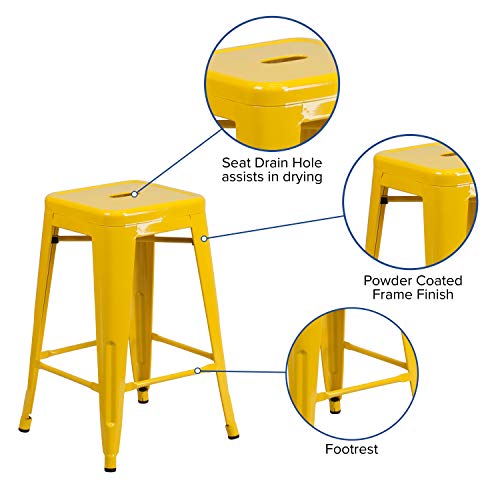 Flash Furniture Kai Commercial Grade 24" High Backless Yellow Metal Indoor-Outdoor Counter Height Stool with Square Seat