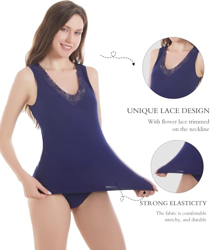 Image of Womens Tank Top Camisoles with Premium Cotton Italian Design - Trimmed with Flower Lace on Neckline