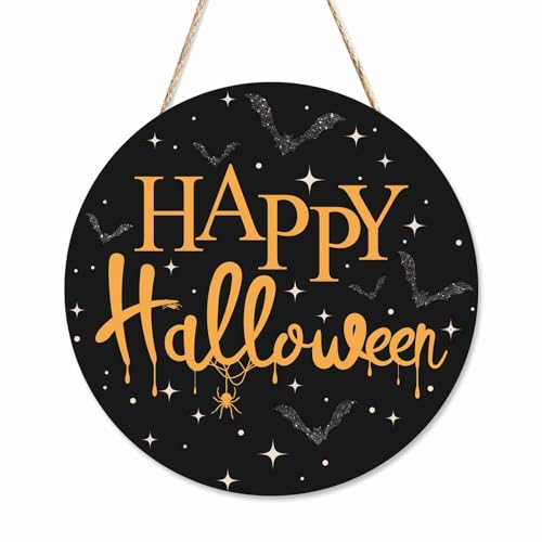 Beabes Farmhouse Front Porch Decor Door Hanging Halloween Shining Stars & Bats 12in Round Wooden Home Decor, Halloween Decorations