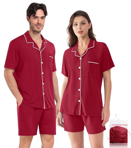 Matching Pajamas for Couples Button Down Pajama Short Sleeve Soft Modal Sleepwear 2 Piece Loungewear,Wine Red-S