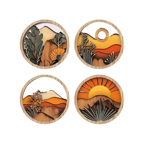 Cuadros Boho Decoración Para Pared, Decoración Moderna Bohemia Para Pared, 4 Marcos Redondos De Madera 20x20cm Arte Geométrico Para Entrada Pasillo Repisa Ventana Chimenea Porche Y Terraza